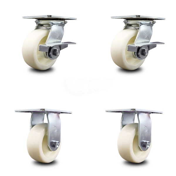5 Inch Nylon Caster Set with Roller Bearing 2 Brakes and 2 Rigid